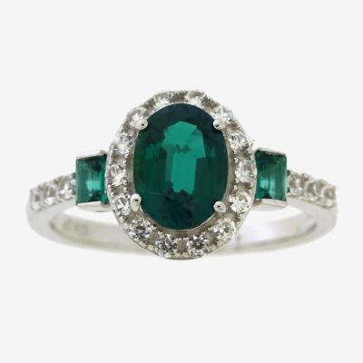 Womens Lab Created Green Emerald Sterling Silver Cocktail Ring