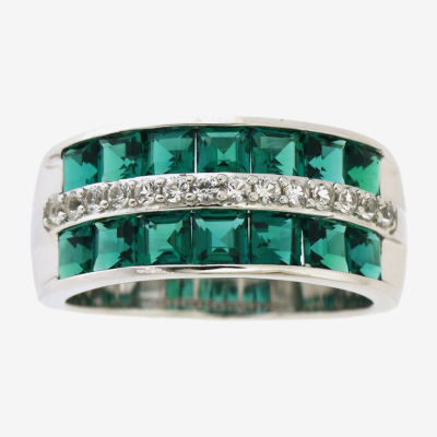 Womens 5MM Lab Created Green Emerald Sterling Silver Band