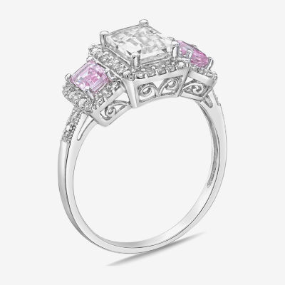 Womens Lab Created White Sapphire Sterling Silver 3-Stone Cocktail Ring