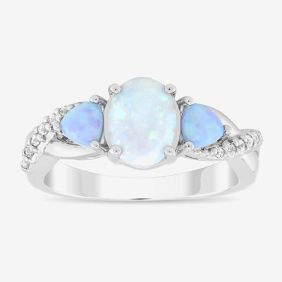 Womens Lab Created White Opal Sterling Silver Crossover Side Stone Cocktail Ring
