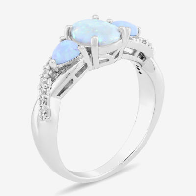 Womens Lab Created White Opal Sterling Silver Crossover Side Stone Cocktail Ring