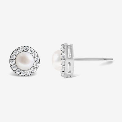 Womens Freshwater Pearl & Lab-Created White Sapphire Sterling SIlver Earrings