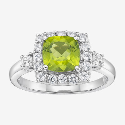 Womens Genuine Green Peridot Sterling Silver Cushion Halo Cocktail Ring