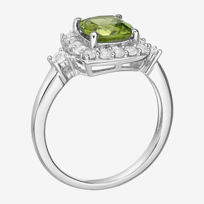 Womens Genuine Green Peridot Sterling Silver Cushion Halo Cocktail Ring