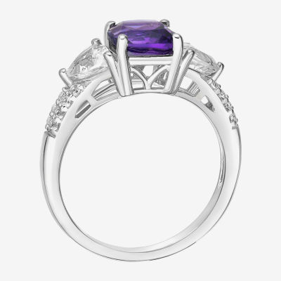 Womens Genuine Purple Amethyst Sterling Silver 3-Stone Cocktail Ring