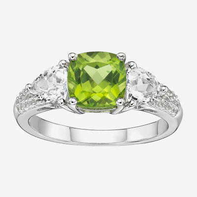 Womens Genuine Green Peridot Sterling Silver 3-Stone Cocktail Ring