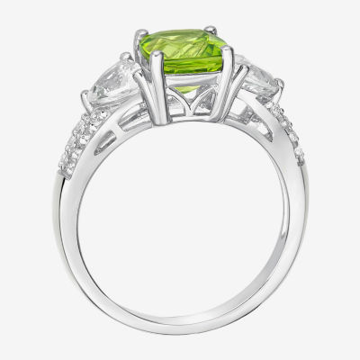 Womens Genuine Green Peridot Sterling Silver 3-Stone Cocktail Ring