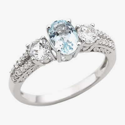 Womens Simulated Blue Sterling Silver 3-Stone Cocktail Ring