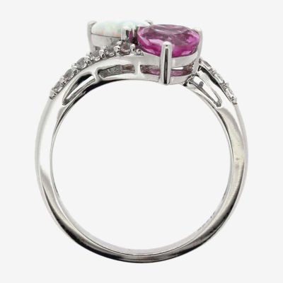 Womens Lab Created White Opal Sterling Silver Heart Cocktail Ring