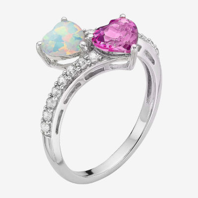 Womens Lab Created White Opal Sterling Silver Heart Cocktail Ring