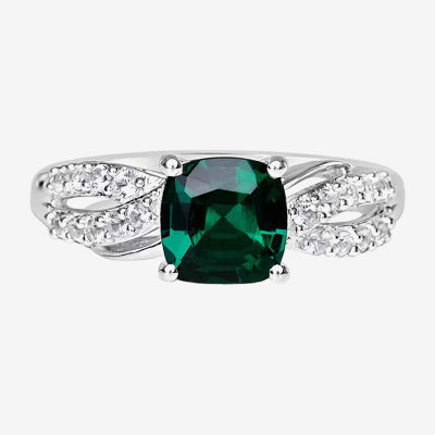 Womens Lab Created Green Emerald Sterling Silver Cocktail Ring