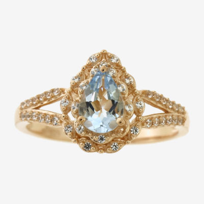 Womens Genuine Blue Aquamarine 14K Rose Gold Over Silver Pear Cocktail Ring