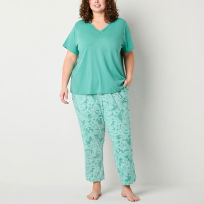 Liz Claiborne Womens Plus V-Neck Short Sleeve 2-pc. Pant Pajama Set