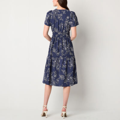 Robbie Bee Womens Short Sleeve Floral Midi Fit + Flare Dress