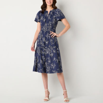 Robbie Bee Womens Short Sleeve Floral Midi Fit + Flare Dress