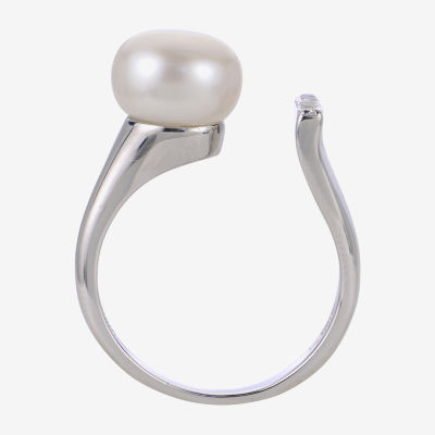 Cultured Freshwater Pearl and Genuine White Topaz Sterling Silver Open Ring