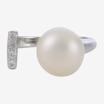 Cultured Freshwater Pearl and Genuine White Topaz Sterling Silver Open Ring