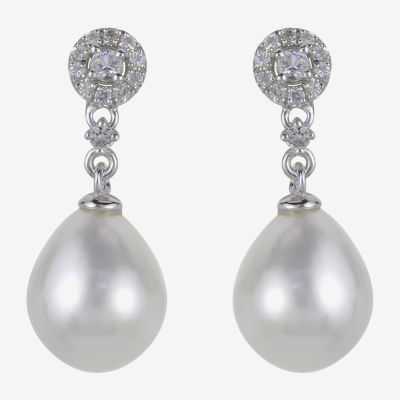 8.5-9Mm Cultured Freshwater Pearl And Genuine White Topaz Sterling Silver Earrings