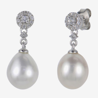 8.5-9Mm Cultured Freshwater Pearl And Genuine White Topaz Sterling Silver Earrings