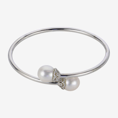 10.5-11Mm Cultured Freshwater Pearl And Genuine White Topaz Sterling Silver Bangle Bracelet