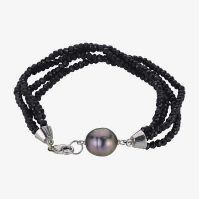 Genuine Tahitian Pearl & Black Spinel Sterling Silver Bead Bracelet