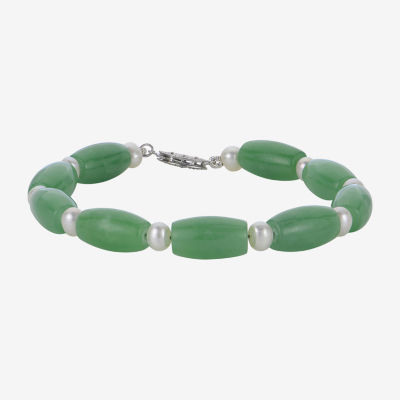 Cultured Freshwater Pearl & Genuine Jade Sterling Silver Bracelet