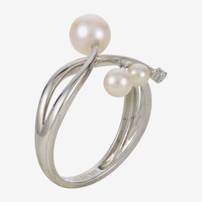 Womens 4.5MM White Cultured Freshwater Pearl Sterling Silver Crossover Cocktail Ring