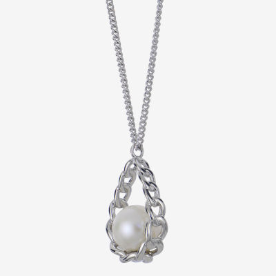 Womens White Cultured Freshwater Pearl Sterling Silver Pendant Necklace