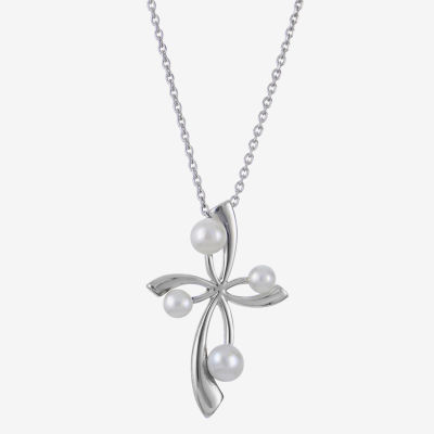 Womens White Cultured Freshwater Pearl Sterling Silver Cross Pendant Necklace