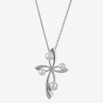 White Cultured Freshwater Pearl Necklace with Cross Sterling Silver White Cultured Freshwater Pearl Necklace with Cross Sterling Silver