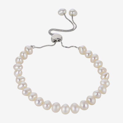 White Cultured Freshwater Pearl Sterling Silver Bolo Bracelet