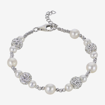 White Cultured Freshwater Pearl Sterling Silver Beaded Bracelet