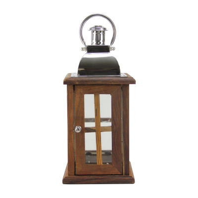 18'' Modern Sheesham Wood Candle Lantern with Silver Metal Handle