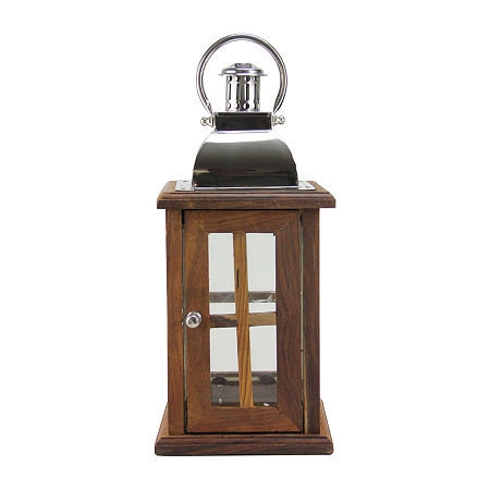 18'' Modern Sheesham Wood Candle Lantern With Silver Metal Handle, One Size, Brown