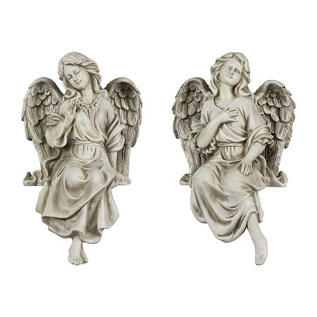 14'' Gray Set Of 2 Decorative Sitting Angel Outdoor Garden Statues, One Size, Gray