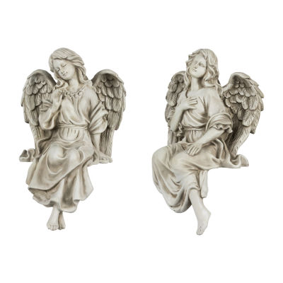 14'' Gray Set of 2 Decorative Sitting Angel Outdoor Garden Statues