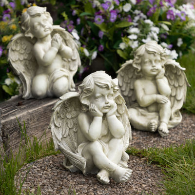 Set of 3 Gray Sitting Cherub Angel Outdoor Garden Statues 11"