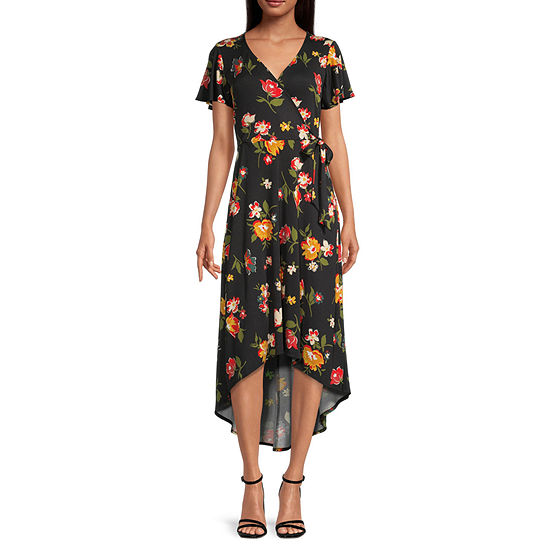 by&by Juniors Short Sleeve Floral High-Low Wrap Dress