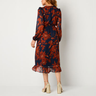 52seven Womens Long Sleeve Floral Midi Fit + Flare Dress