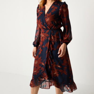 52seven Womens Long Sleeve Floral Midi Fit + Flare Dress