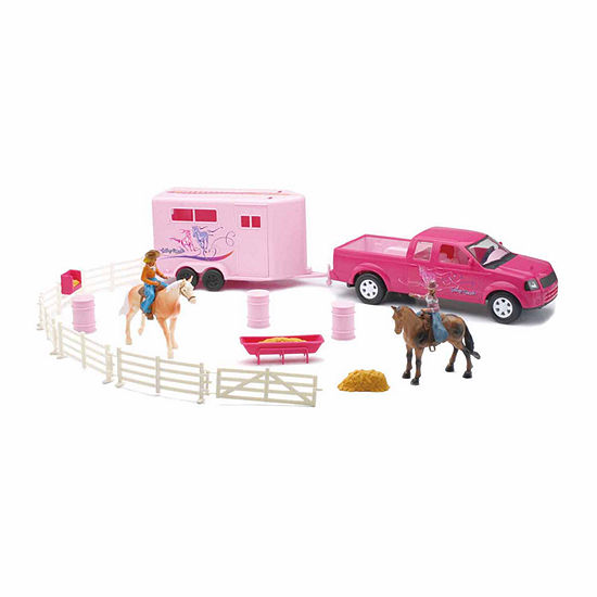 New Ray Pink Pick Up Truck And Horse Trailer Set