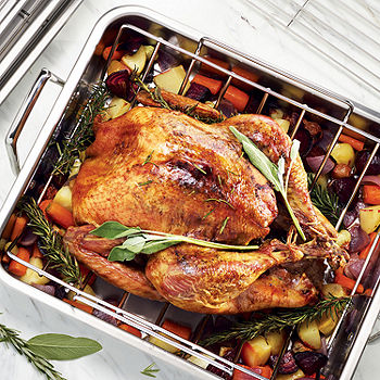 Anolon Triply Clad Stainless Steel Roaster / Roasting Pan with Rack - 17  Inch x 12.5 Inch, Silver