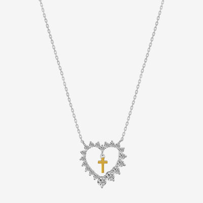 Footnotes Cubic Zirconia Sterling Silver 16 Inch Link Cross Heart Pendant Necklace
