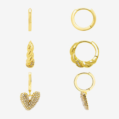 Silver Reflections Womens Cubic Zirconia 10K Gold Over Brass Heart 3 Pair Earring Set