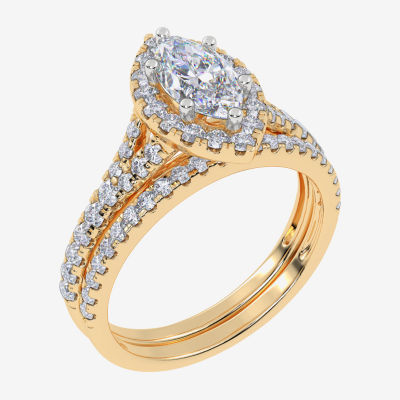 (G / Vs2-Si1) Womens 1 CT. T.W. Lab Grown White Diamond 10K Gold Marquise Side Stone Halo Bridal Set