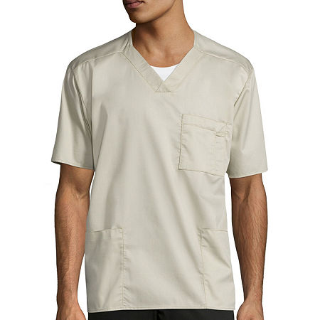 Wink Wonderwork Mens V Neck Tag Free Short Sleeve Scrub Top, Large, Beige