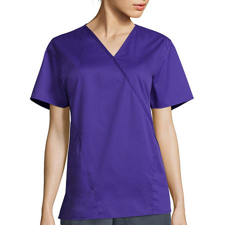 Wink Wonderwork Mock Wrap Womens Tag Free Short Sleeve Scrub Top, Small, Purple