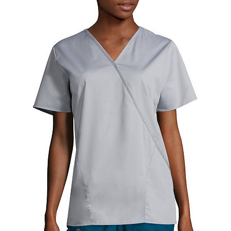 Wink Wonderwork Mock Wrap Womens Tag Free Short Sleeve Scrub Top, Small, Gray