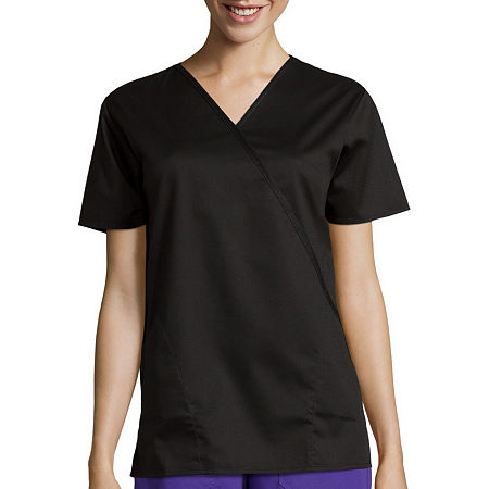 Wink Wonderwork Mock Wrap Womens Tag Free Short Sleeve Scrub Top, Medium, Black