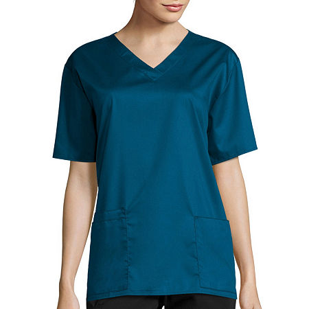 Wink Wonderwork Womens V Neck Short Sleeve Tag Free Scrub Tops, Large, Blue